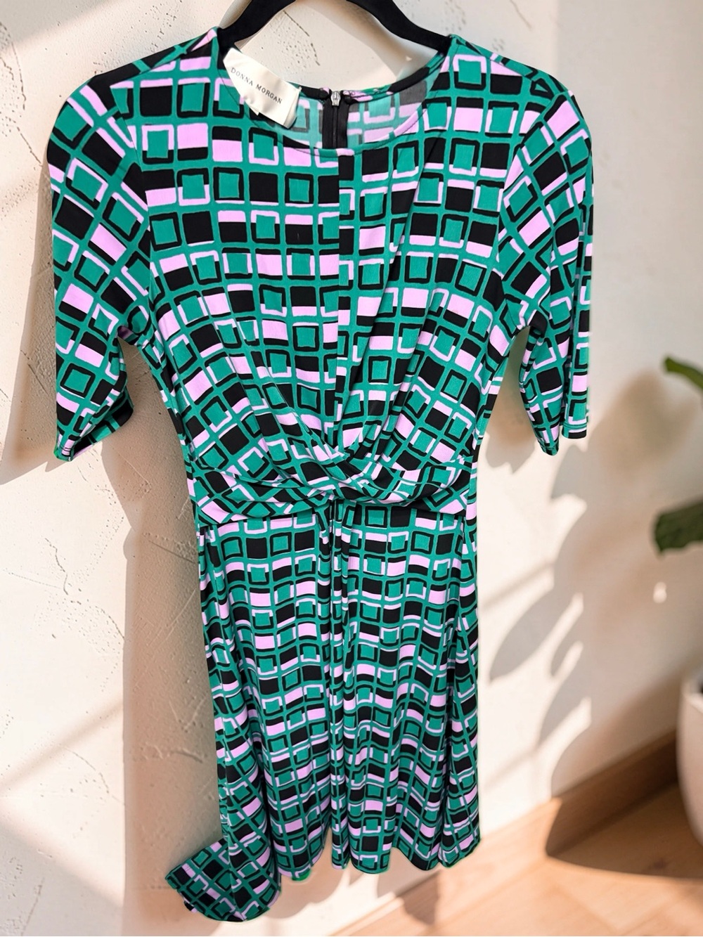 Donna Morgan Green, Black and Pink Geometric Midi Dress